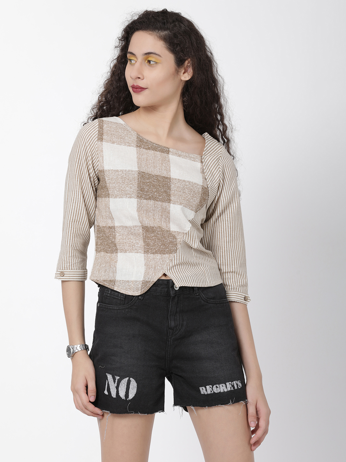  Exclusive Cotton Stylish Beige Stripped With Checkered Printed Top