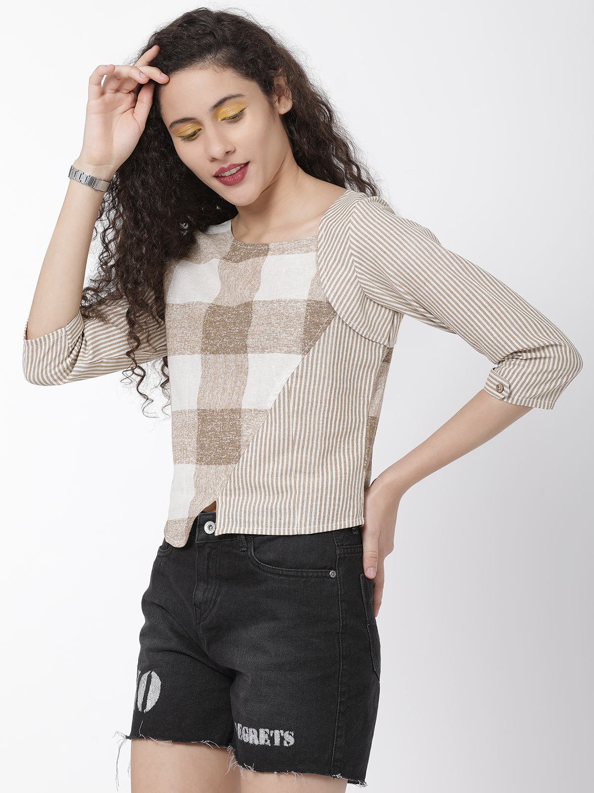  Exclusive Cotton Stylish Beige Stripped With Checkered Printed Top