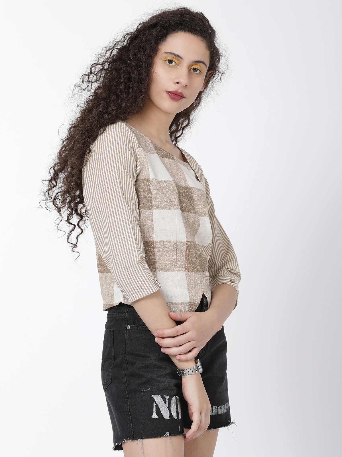  Exclusive Cotton Stylish Beige Stripped With Checkered Printed Top