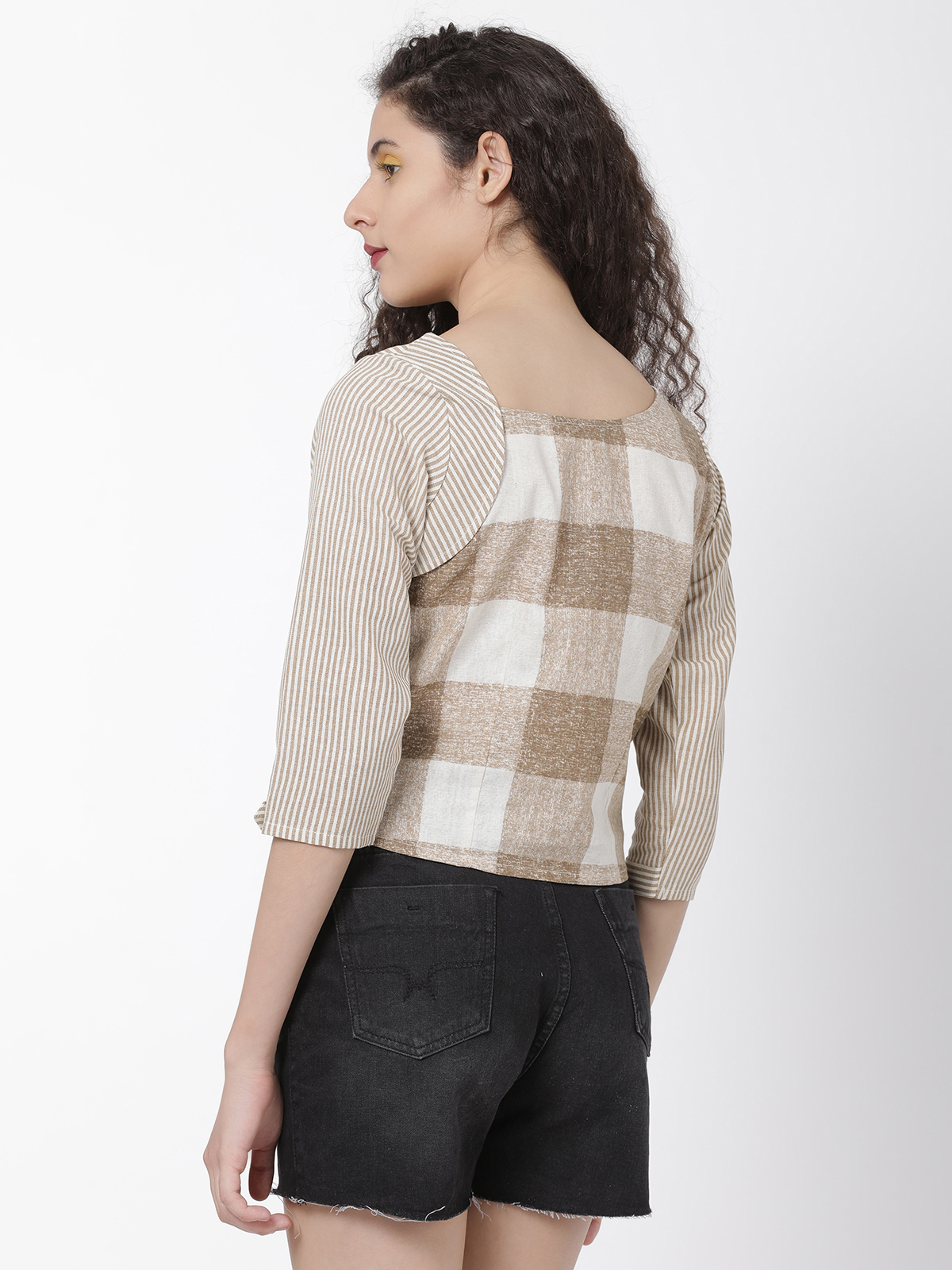  Exclusive Cotton Stylish Beige Stripped With Checkered Printed Top