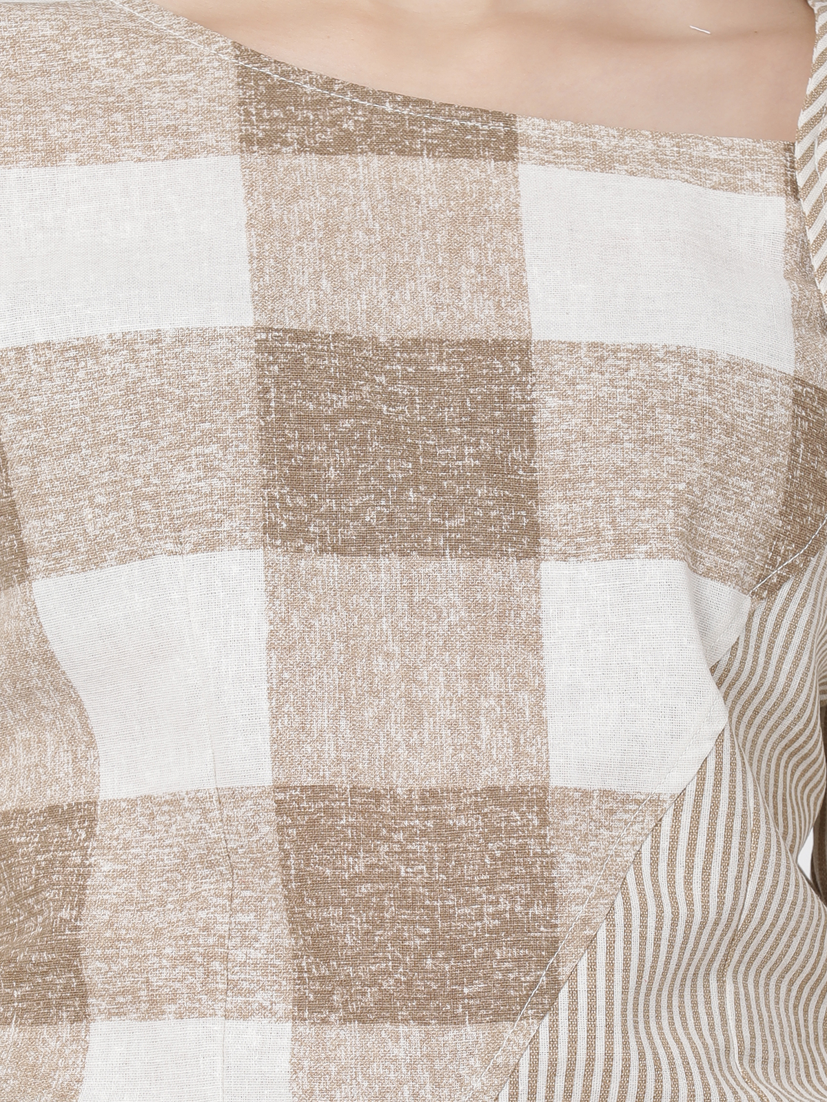  Exclusive Cotton Stylish Beige Stripped With Checkered Printed Top