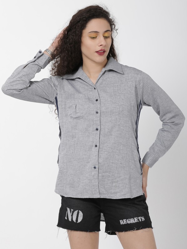 Solid Bluish Grey Cotton Linen Full Sleeve Casual Shirt
