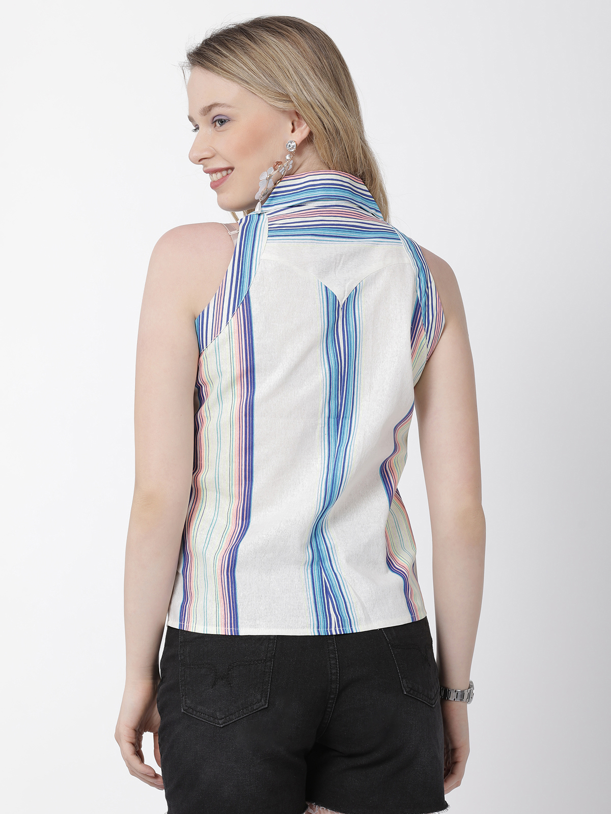Princess Collar White Multi Colored Striped Printed Cotton Linen Shirt