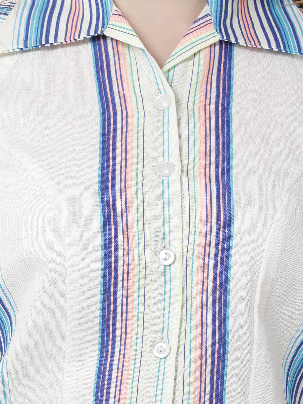 Princess Collar White Multi Colored Striped Printed Cotton Linen Shirt