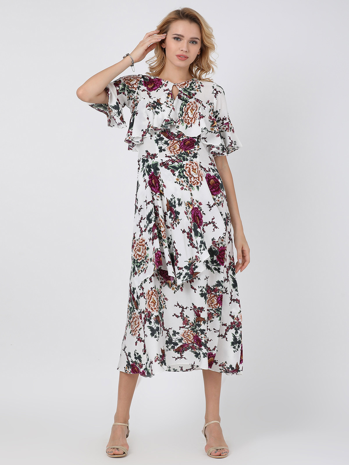 White Floral Printed Multi Frilled & Flared Keyhole Neck Bell Sleeve Dress