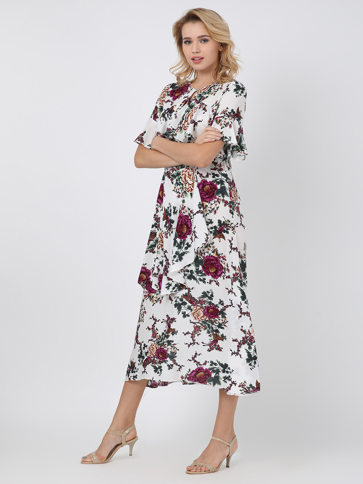 White Floral Printed Multi Frilled & Flared Keyhole Neck Bell Sleeve Dress