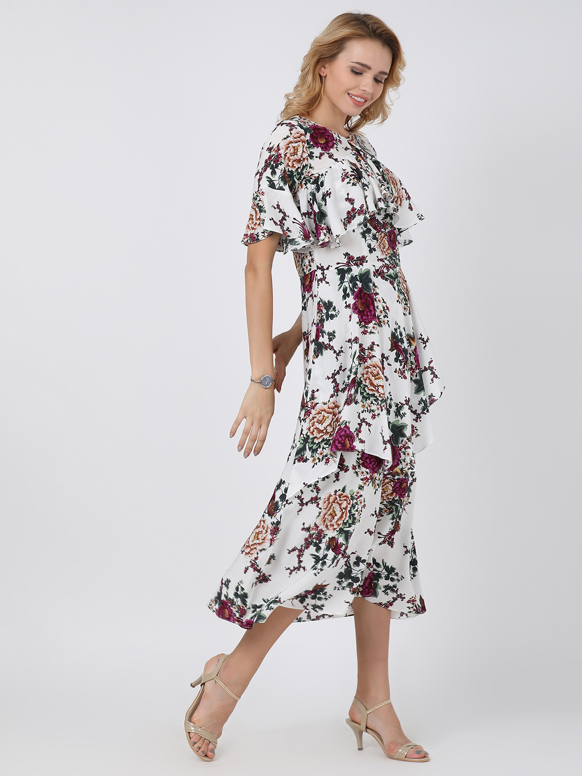 White Floral Printed Multi Frilled & Flared Keyhole Neck Bell Sleeve Dress