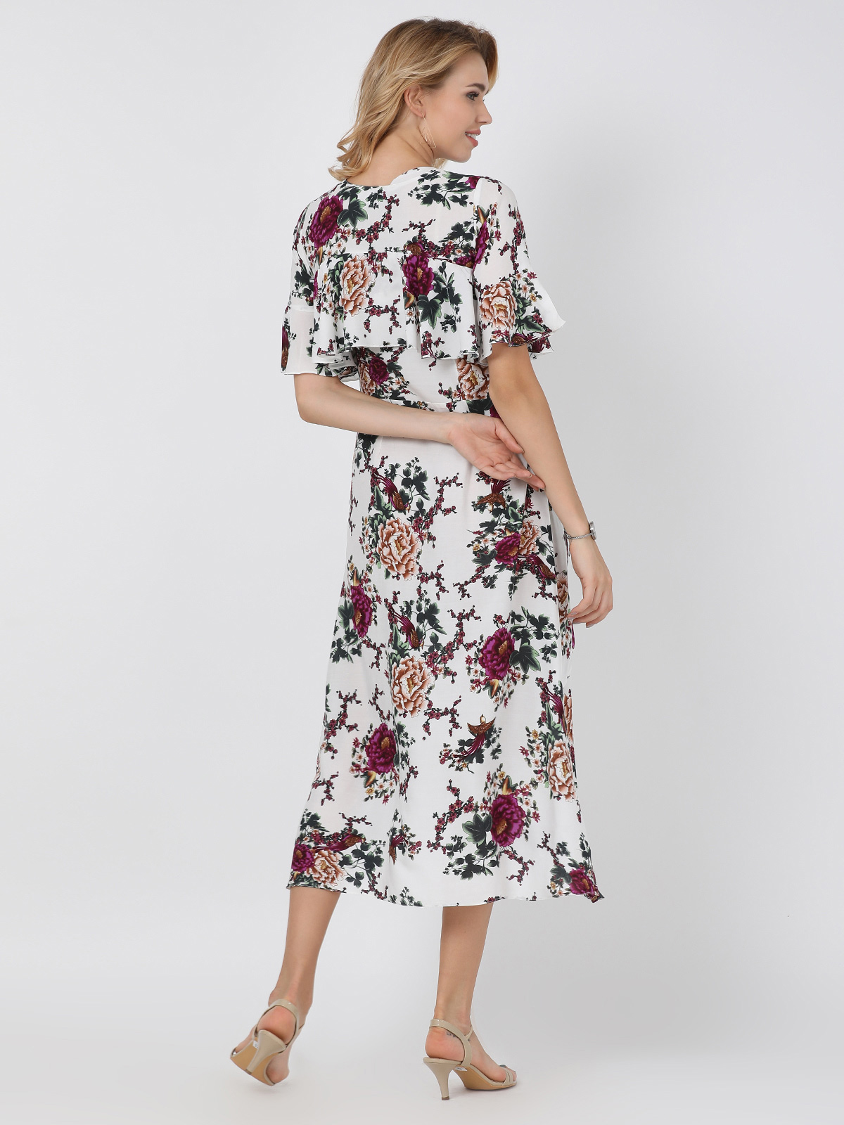 White Floral Printed Multi Frilled & Flared Keyhole Neck Bell Sleeve Dress