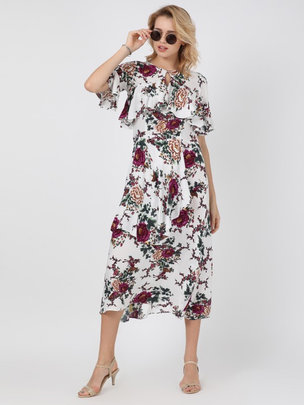 White Floral Printed Multi Frilled & Flared Keyhole Neck Bell Sleeve Dress