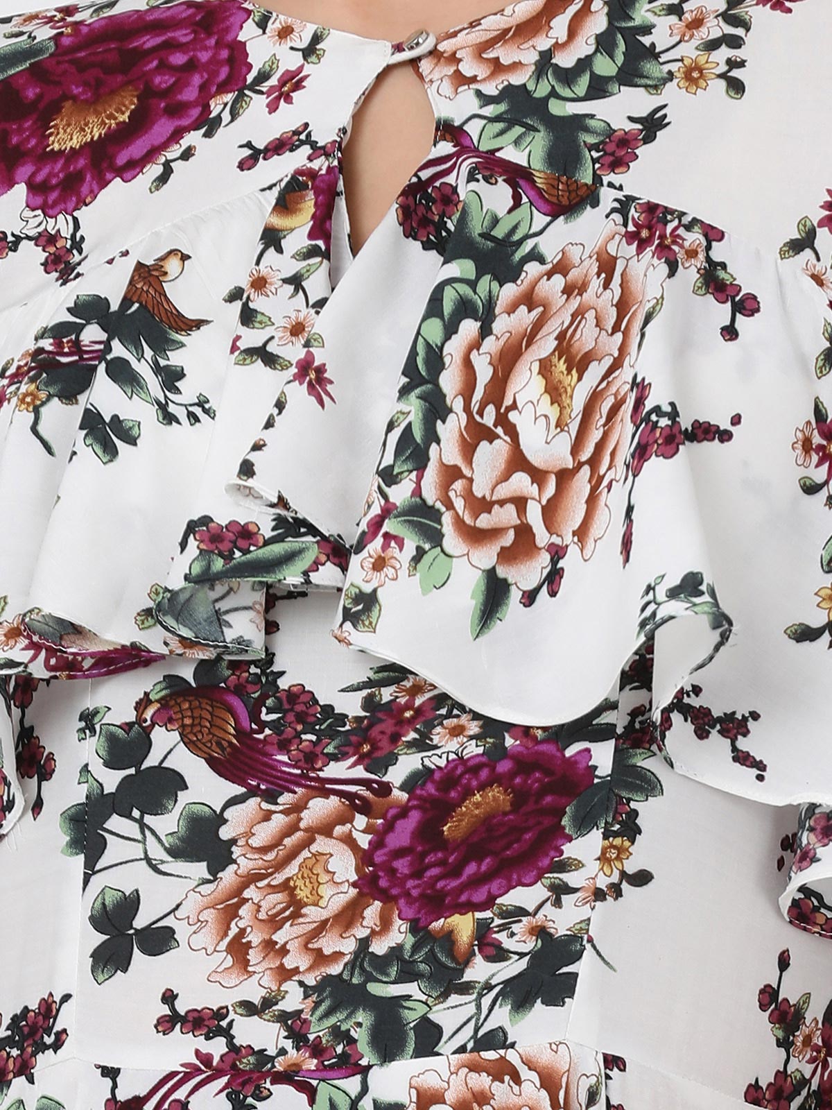 White Floral Printed Multi Frilled & Flared Keyhole Neck Bell Sleeve Dress