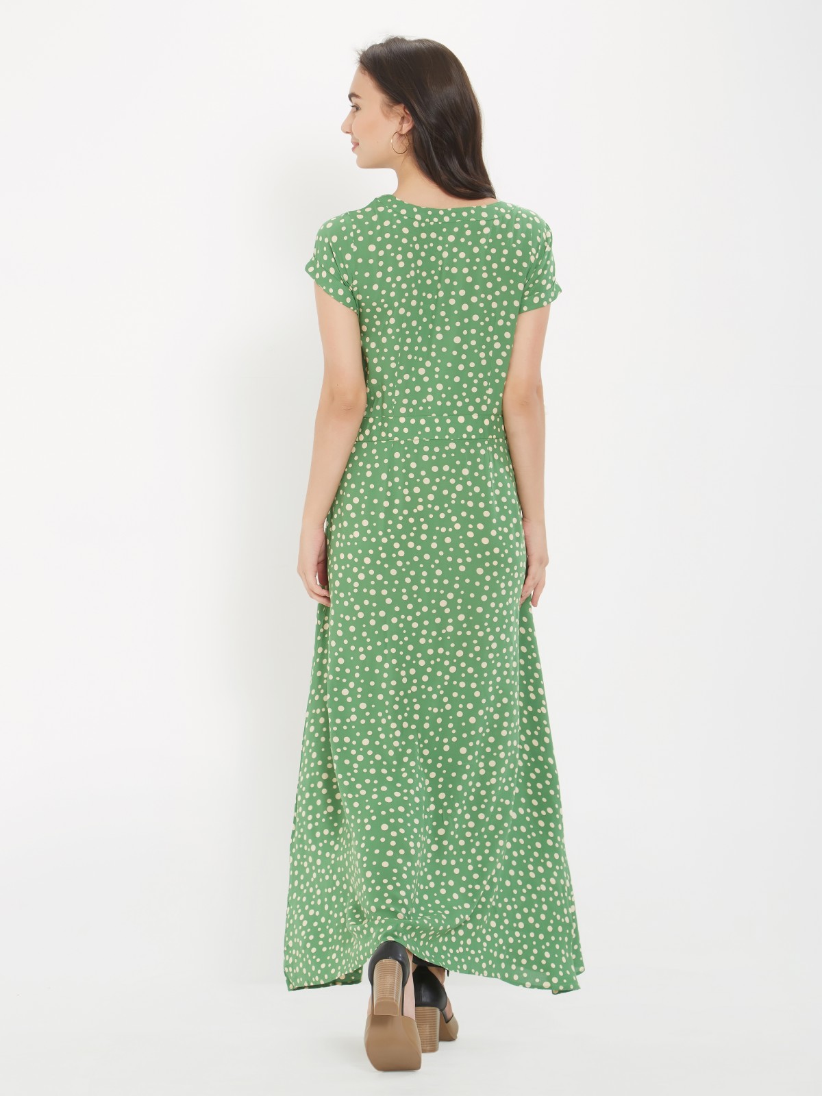 Green Polk Dots Short Sleeve Long Casual Dress