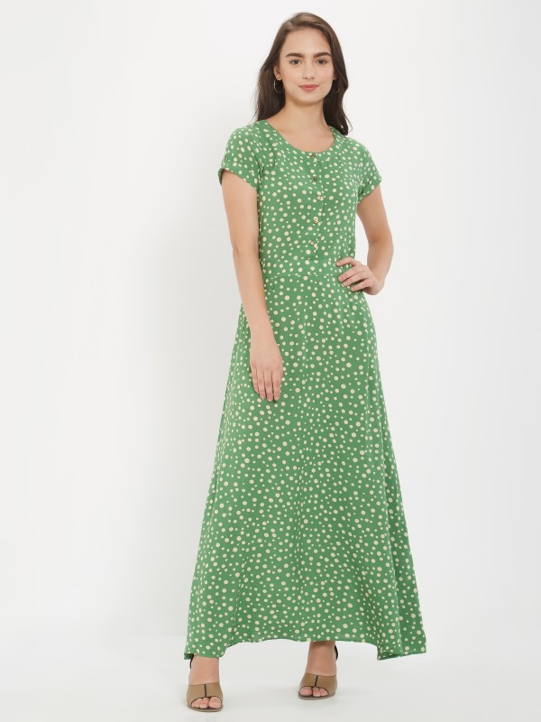 Green Polk Dots Short Sleeve Long Casual Dress