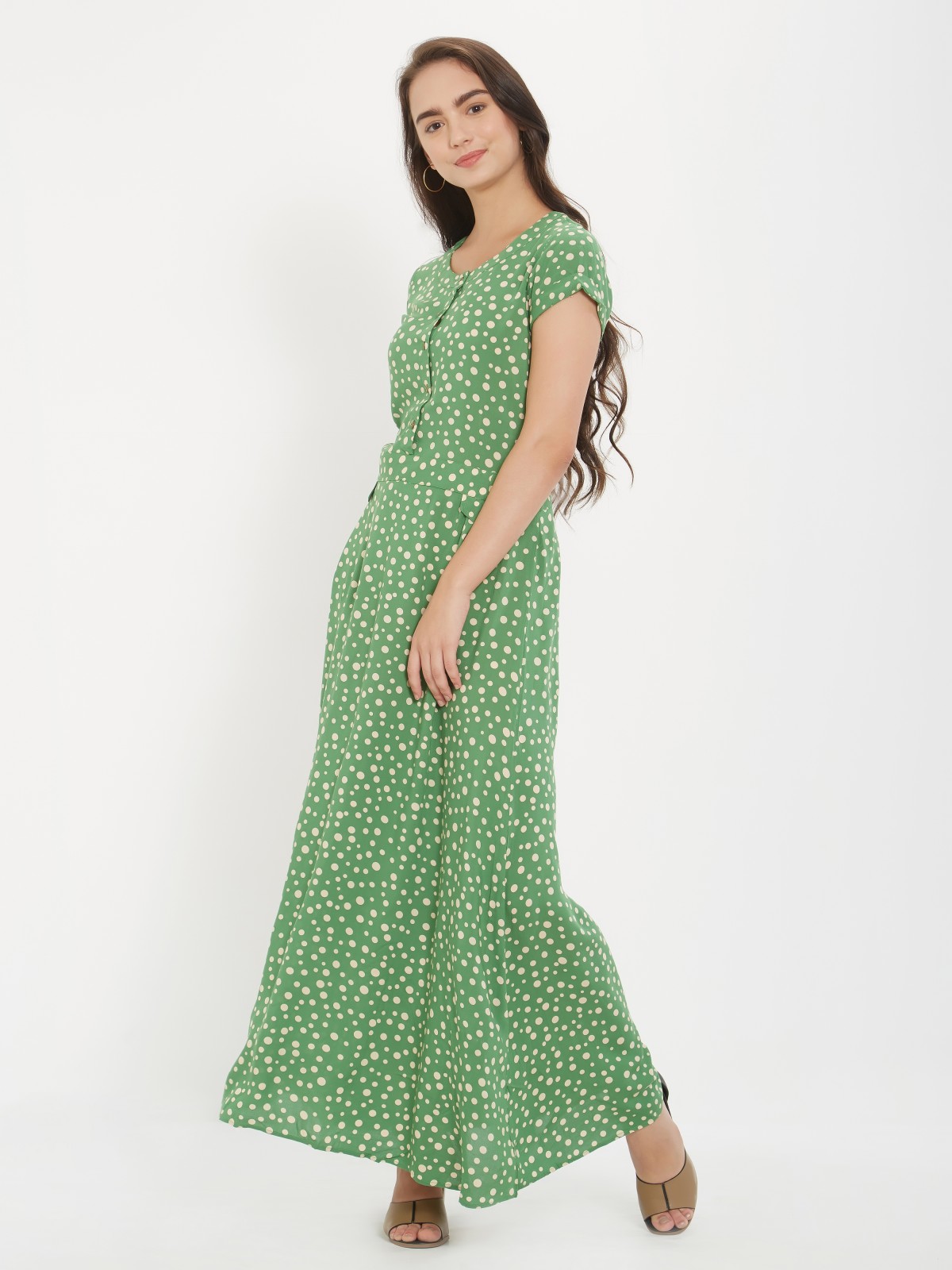 Green Polk Dots Short Sleeve Long Casual Dress