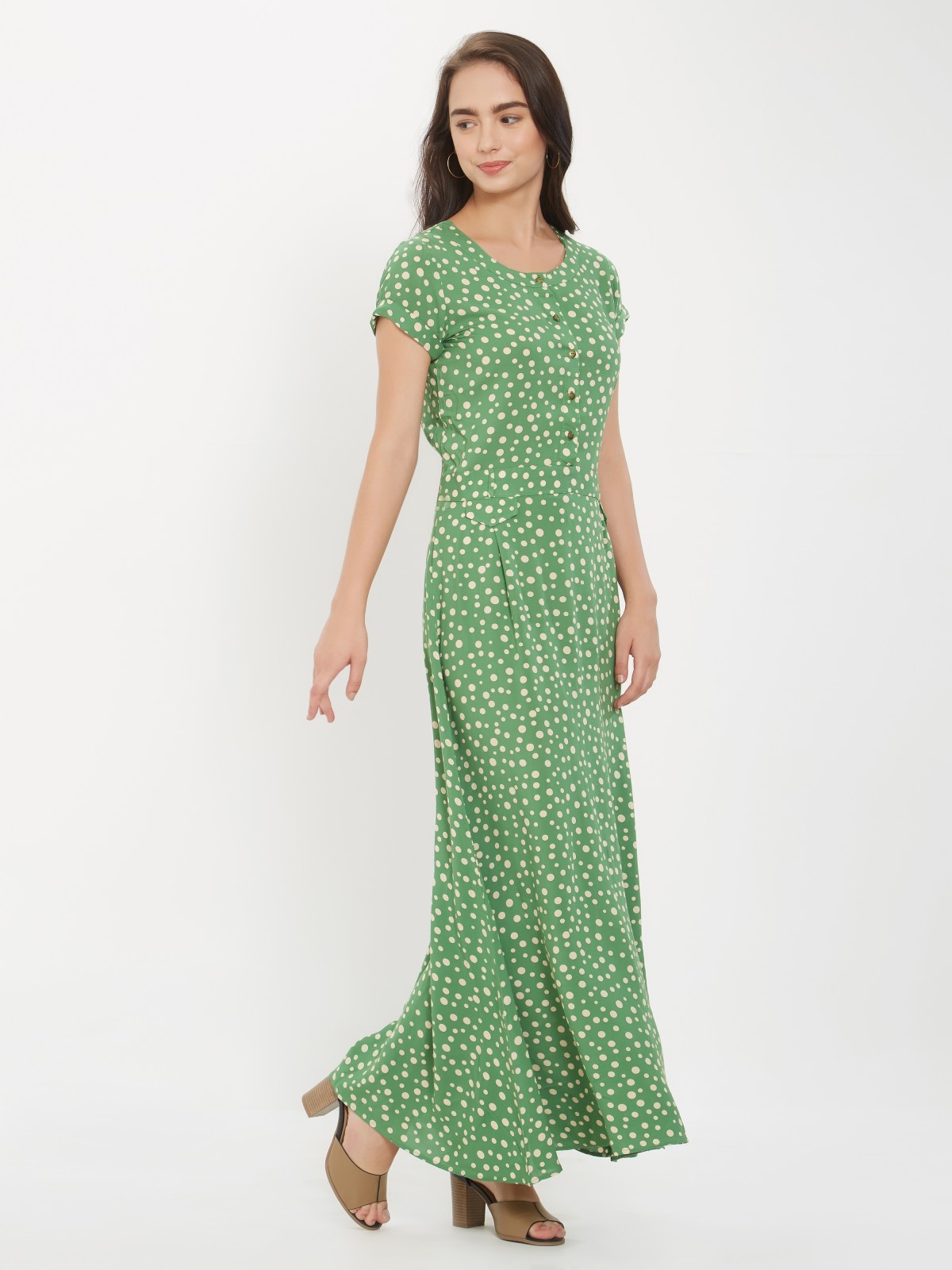 Green Polk Dots Short Sleeve Long Casual Dress