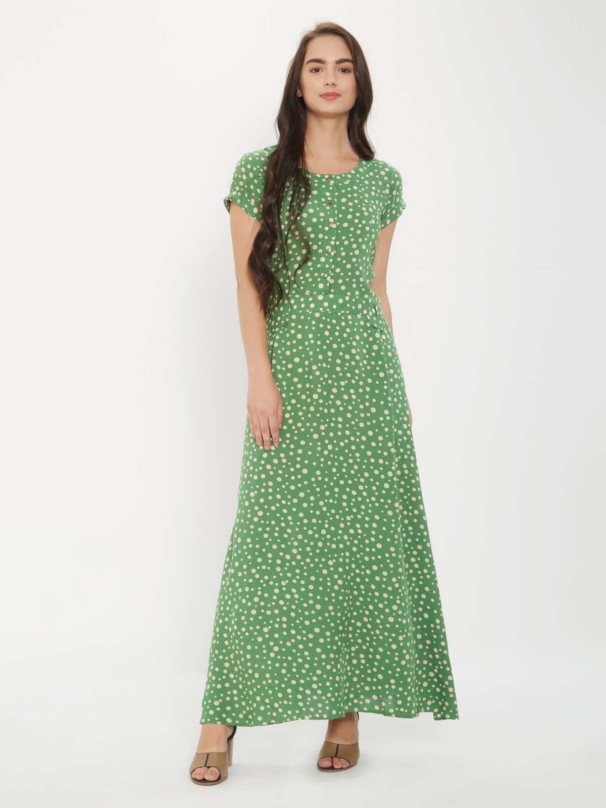 Green Polk Dots Short Sleeve Long Casual Dress