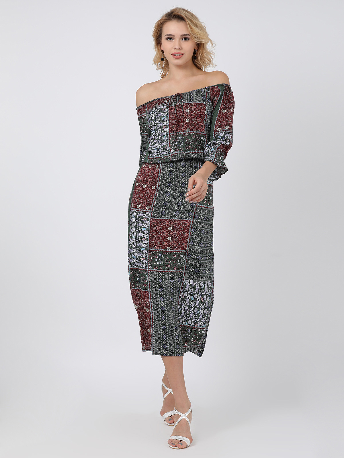 Multi Print Off Shoulder Tie Knot String Long Casual Dress