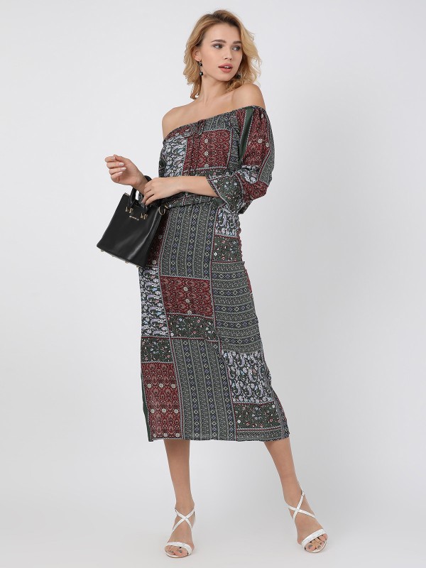 Multi Print Off Shoulder Tie Knot String Long Casual Dress