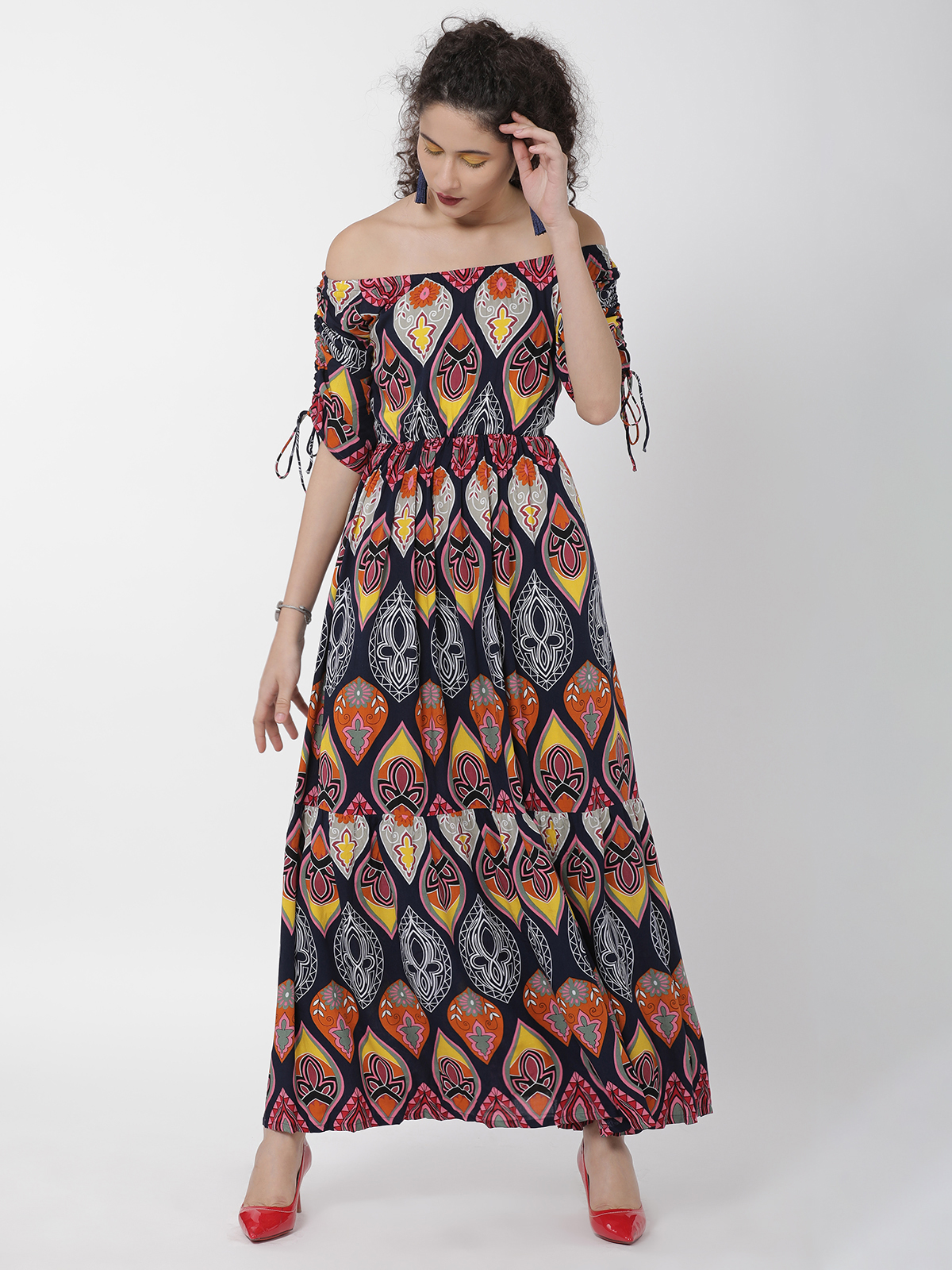 Bohemian Print Off Shoulder With Sleeve Tie Knot Dress