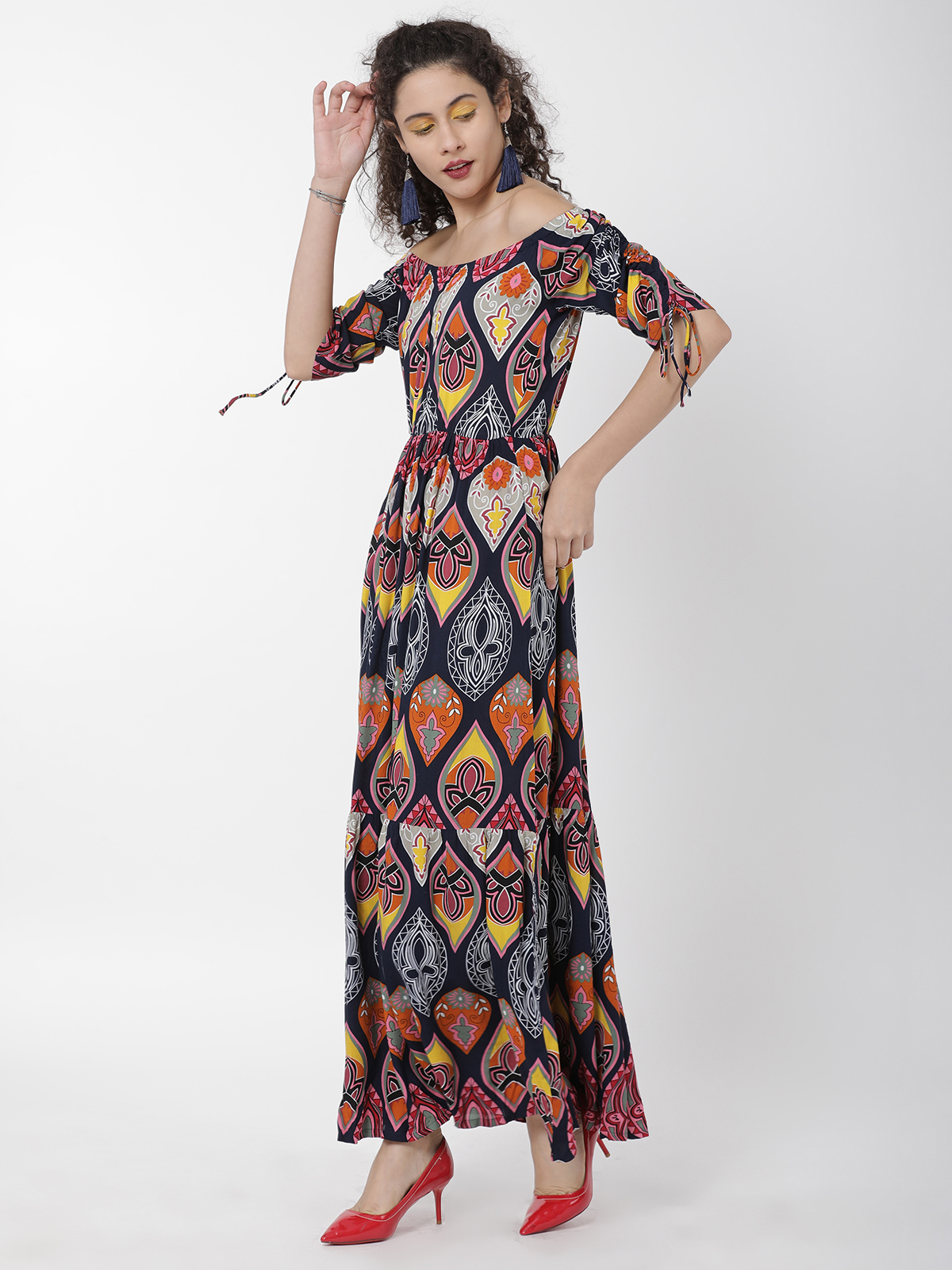 Bohemian Print Off Shoulder With Sleeve Tie Knot Dress