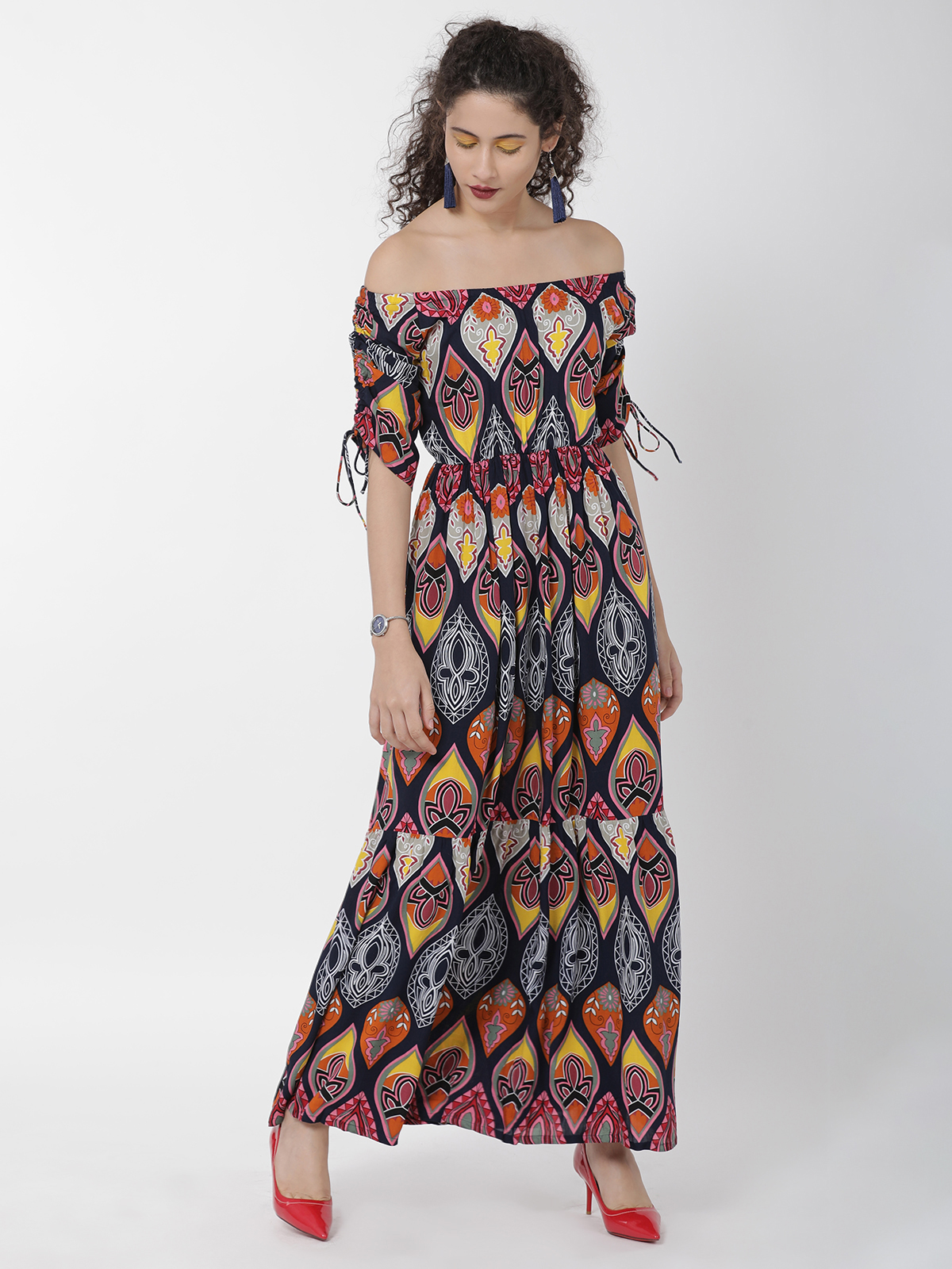 Bohemian Print Off Shoulder With Sleeve Tie Knot Dress