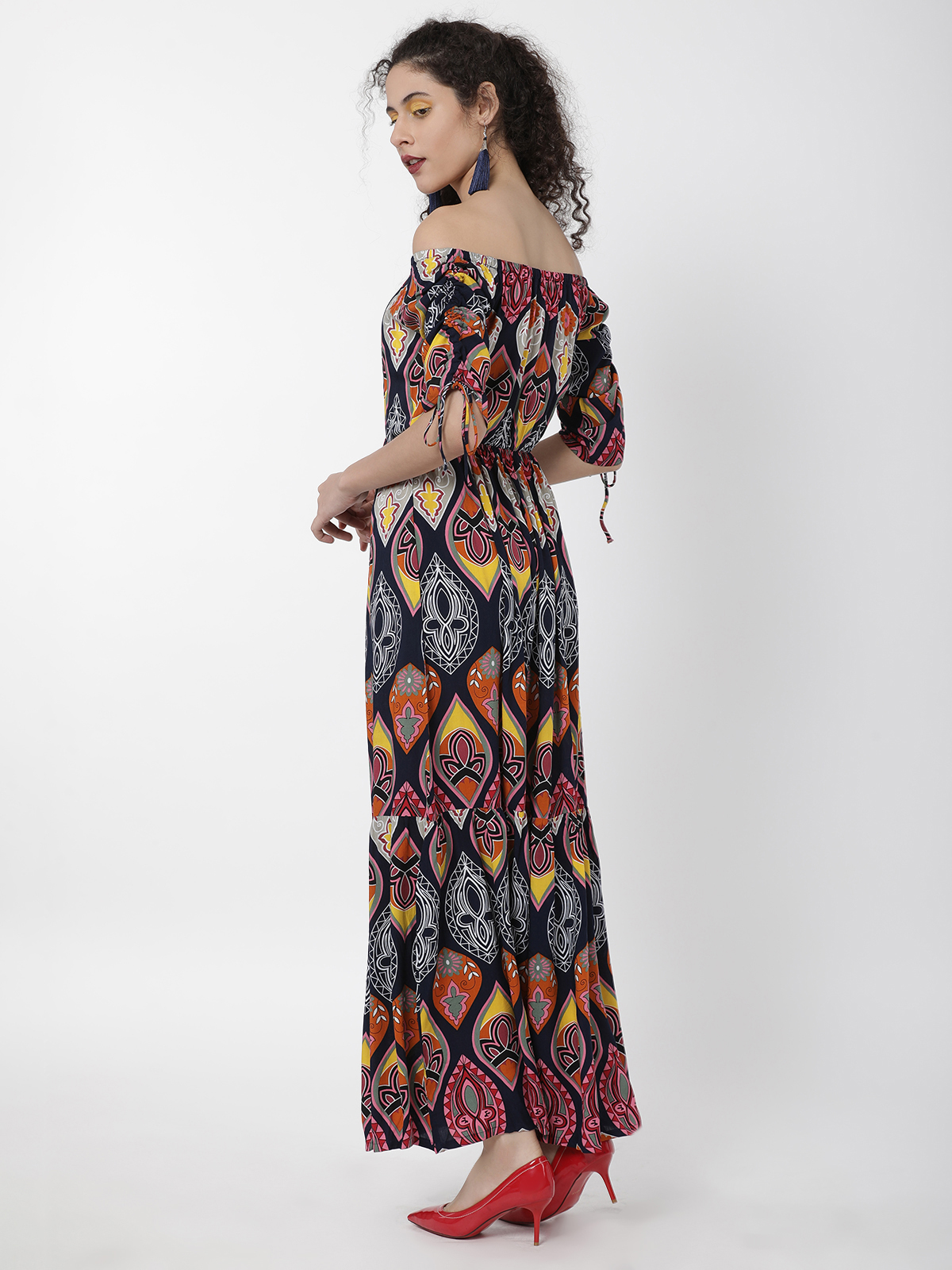 Bohemian Print Off Shoulder With Sleeve Tie Knot Dress