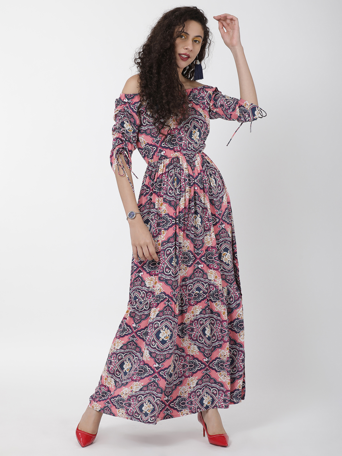 Magenta Bohemian Print Off Shoulder With Tie Sleeve Dress