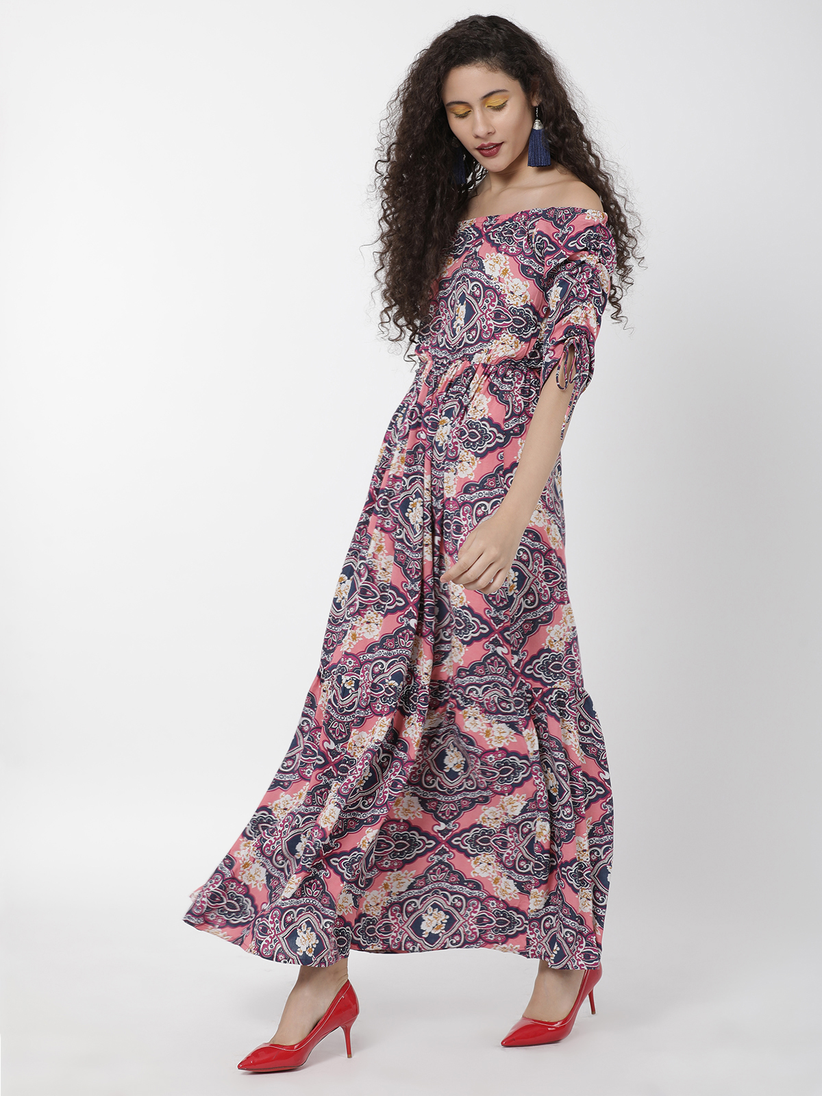 Magenta Bohemian Print Off Shoulder With Tie Sleeve Dress