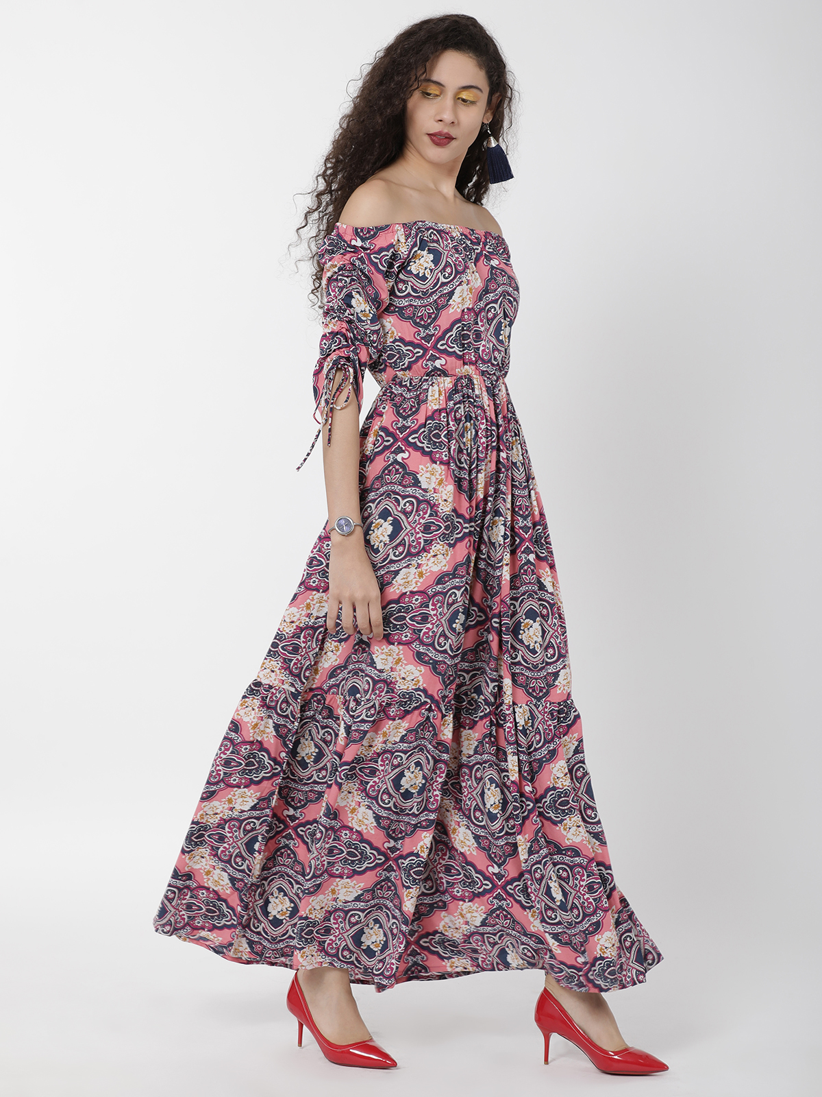 Magenta Bohemian Print Off Shoulder With Tie Sleeve Dress