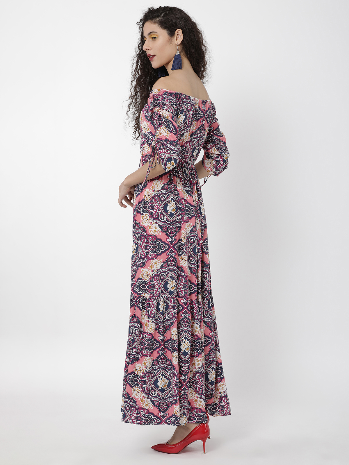 Magenta Bohemian Print Off Shoulder With Tie Sleeve Dress