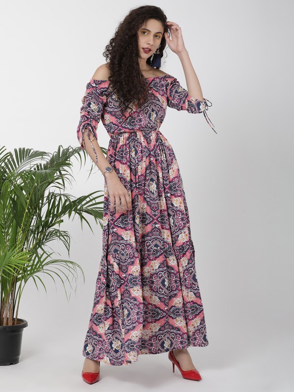 Magenta Bohemian Print Off Shoulder With Tie Sleeve Dress