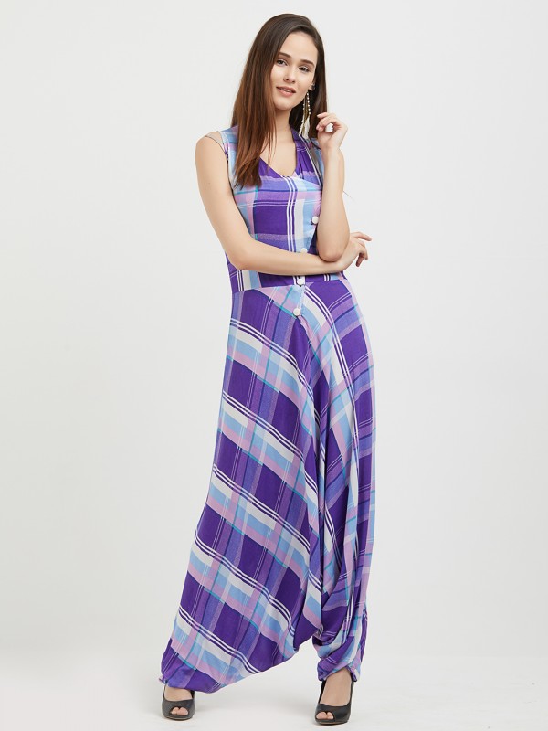 Purple Gingham Harem Pant Style Jumpsuits 