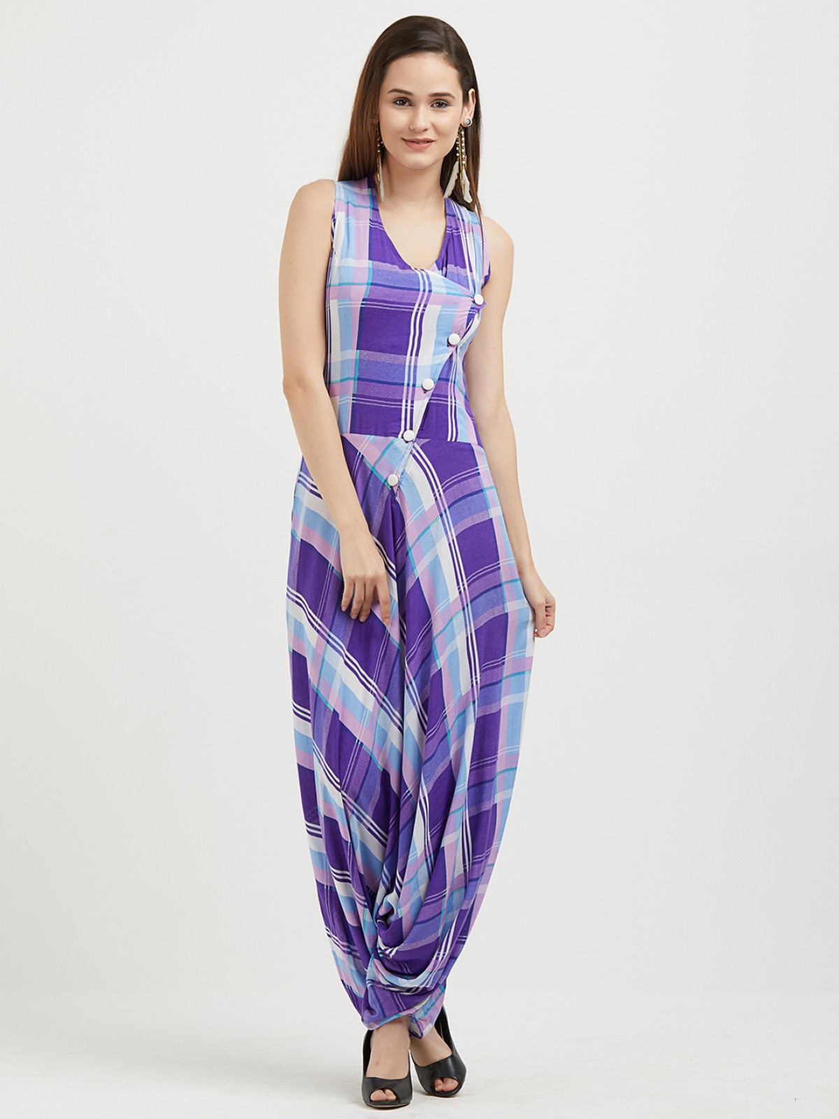 Purple Gingham Harem Pant Style Jumpsuits 