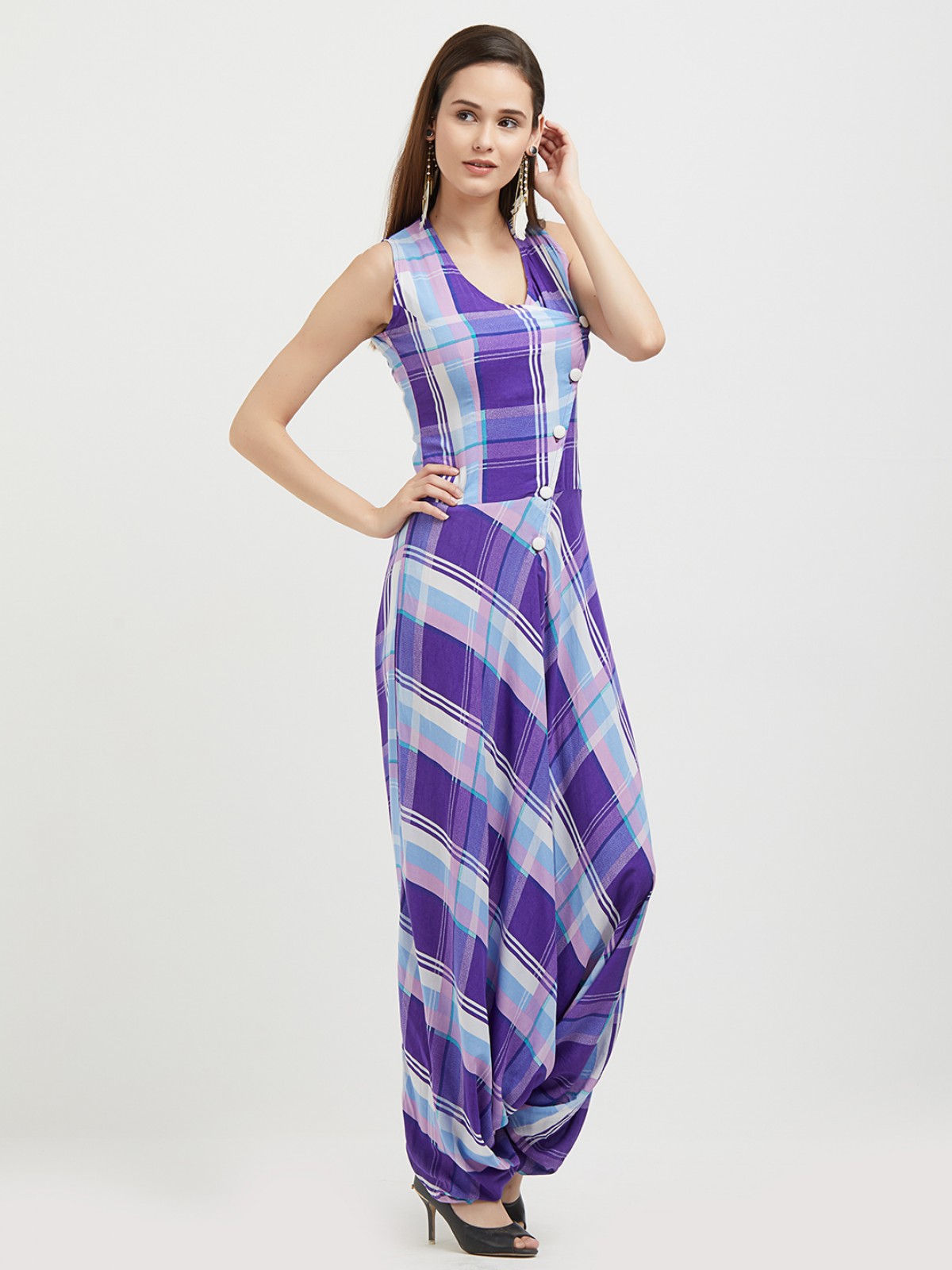 Purple Gingham Harem Pant Style Jumpsuits 