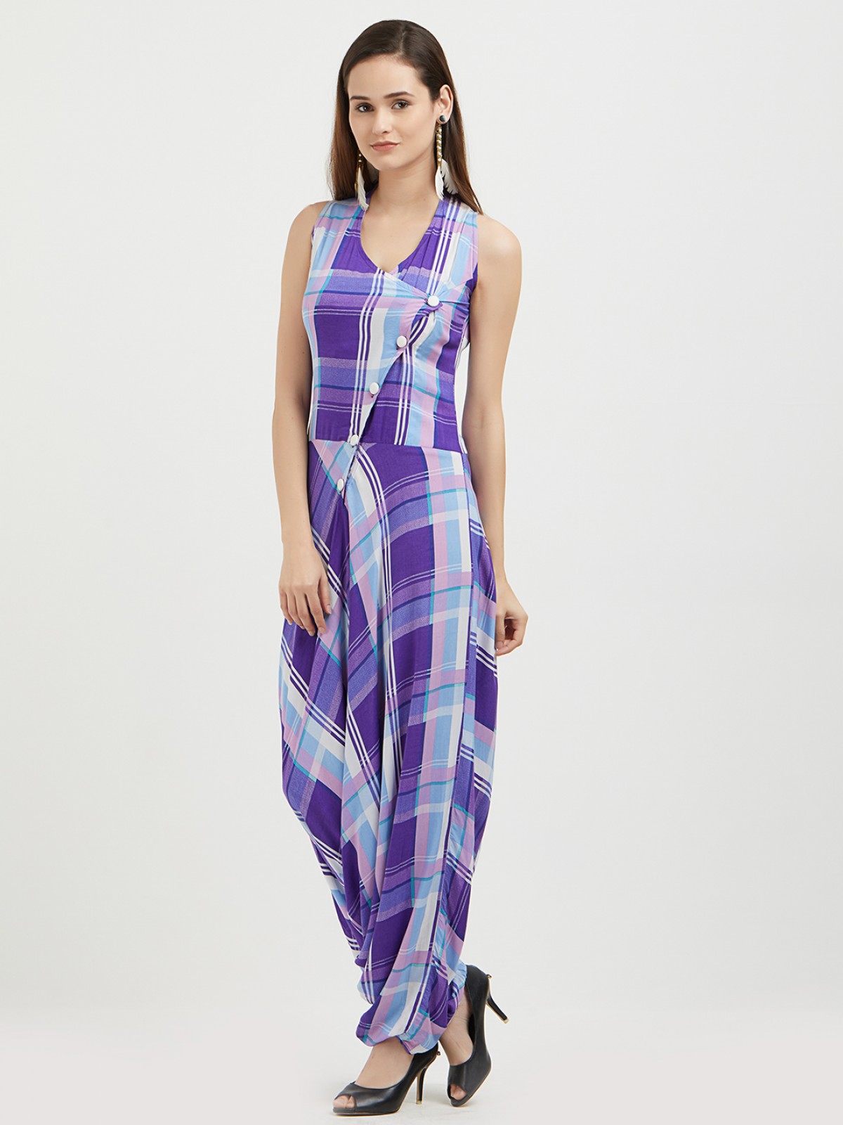 Purple Gingham Harem Pant Style Jumpsuits 