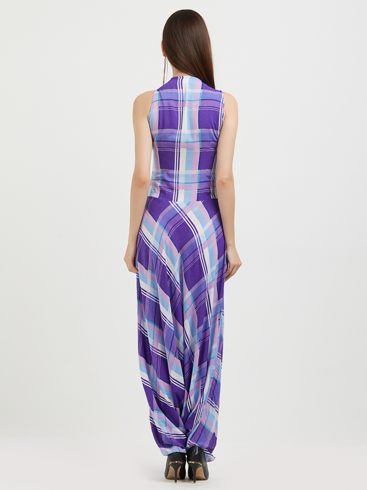 Purple Gingham Harem Pant Style Jumpsuits 