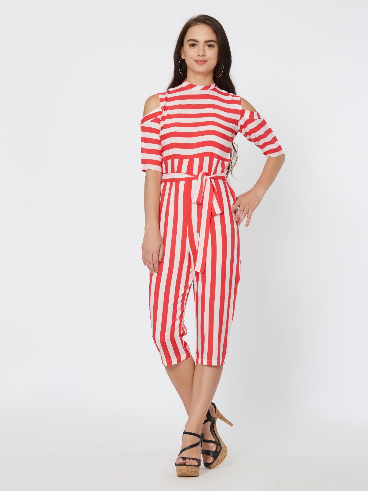 Red & While Striped Calf Length Cold Shoulder Jumpsuits 