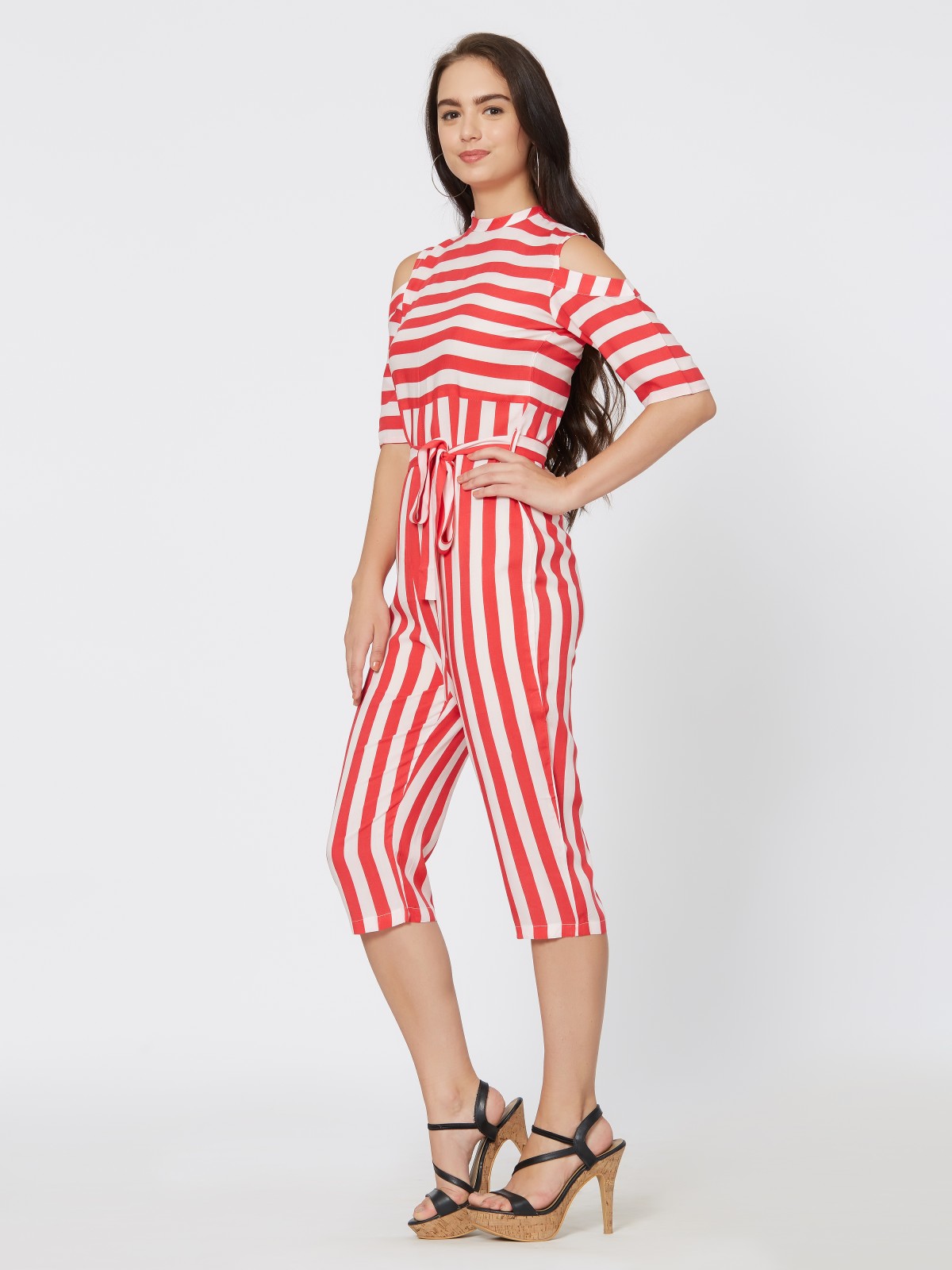 Red & While Striped Calf Length Cold Shoulder Jumpsuits 