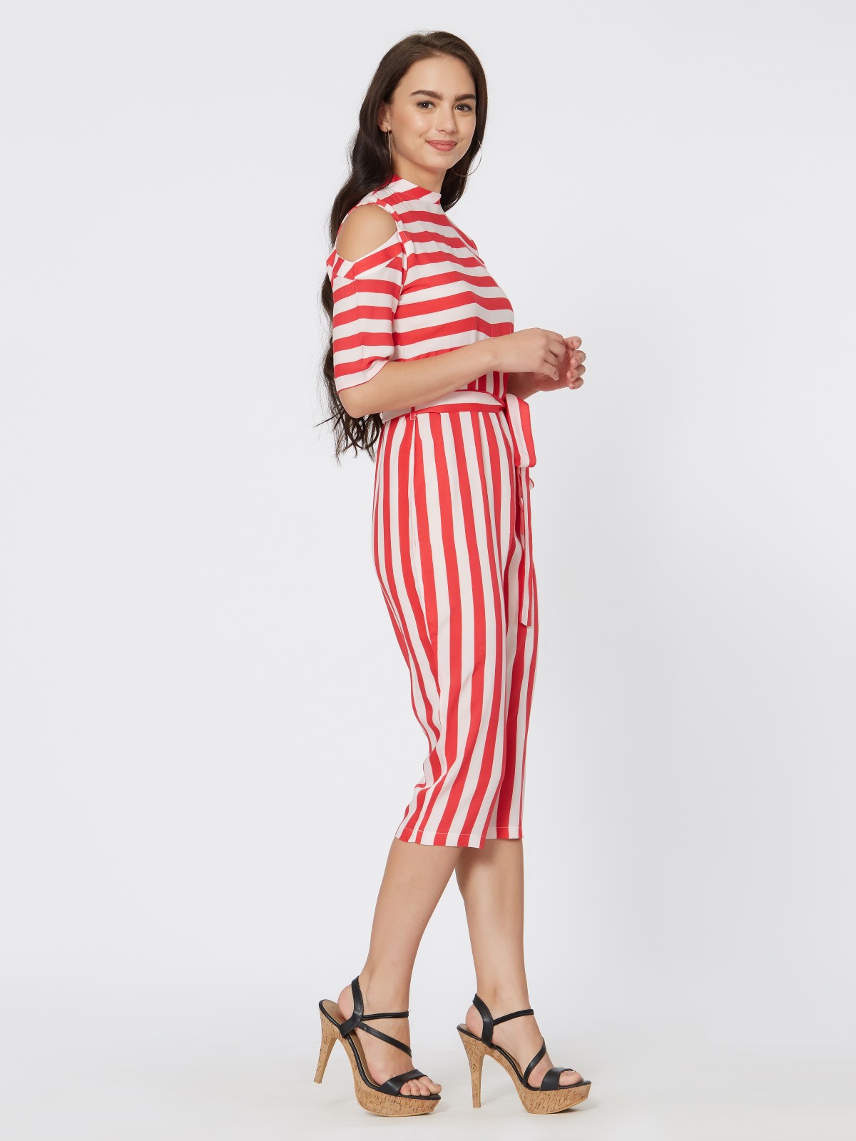 Red & While Striped Calf Length Cold Shoulder Jumpsuits 