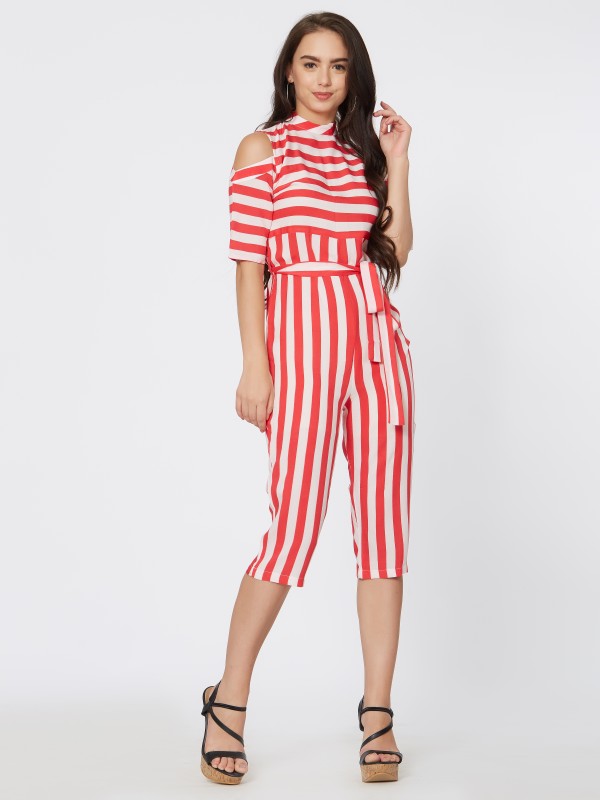 Red & While Striped Calf Length Cold Shoulder Jumpsuits 