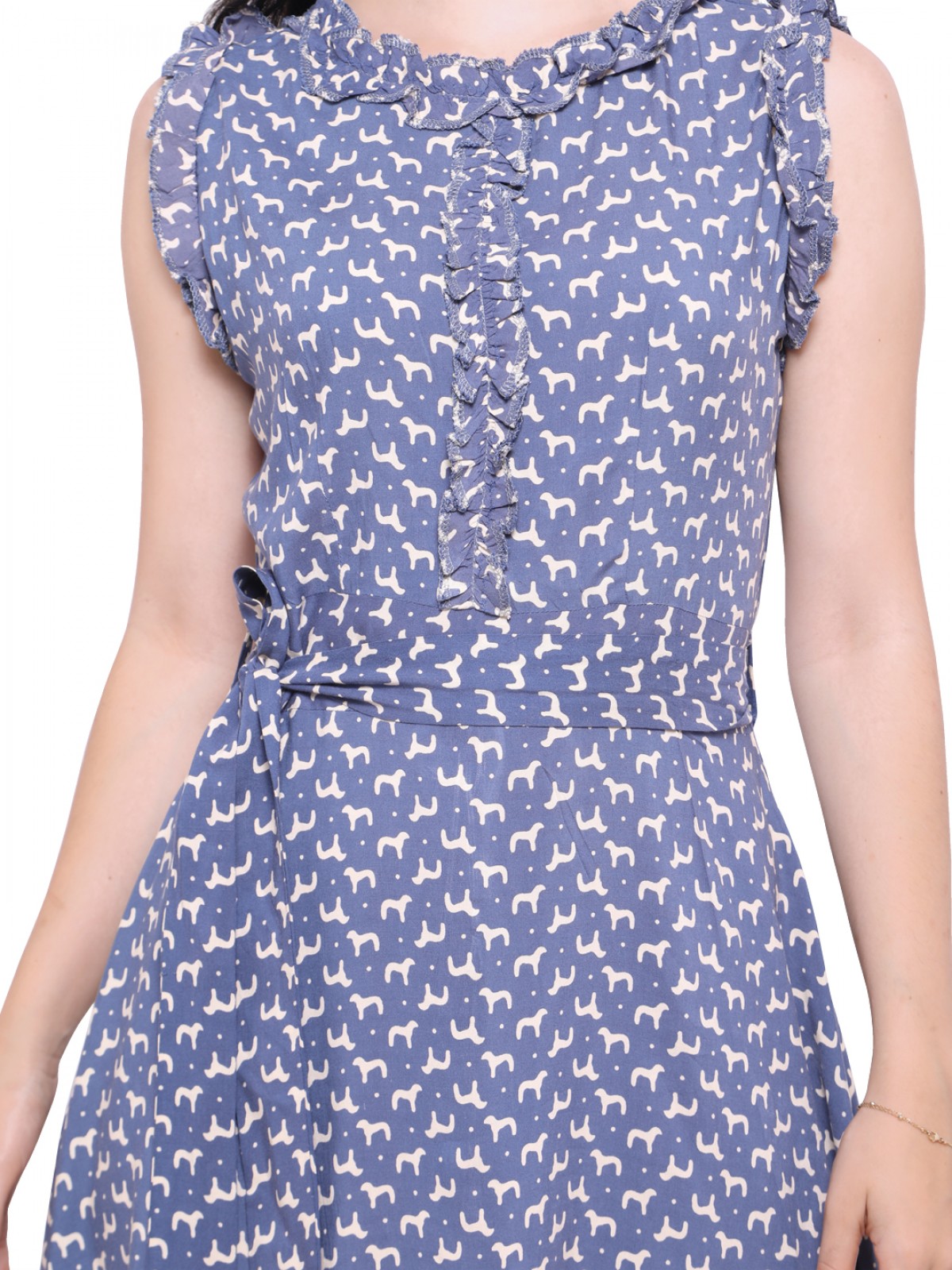 Sky Blue Animal Printed Fit And Flare Frill Sleeveless Dress