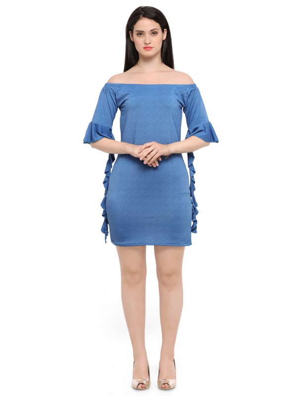 Solid Blue Poly-Lycra Off Shoulder Waterfall Sleeve Bodycon A-Line Dress