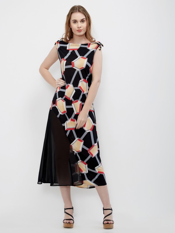 Black Abstract Printed Onepiece Long Sleeveless Poly-Lycra Dress