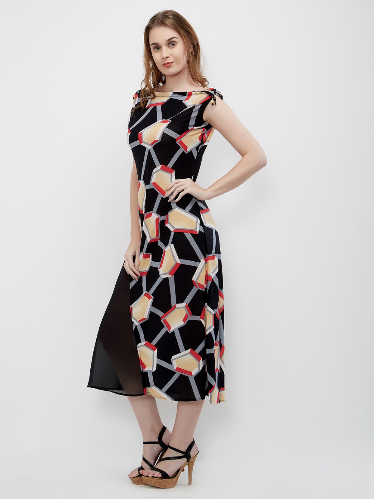 Black Abstract Printed Onepiece Long Sleeveless Poly-Lycra Dress