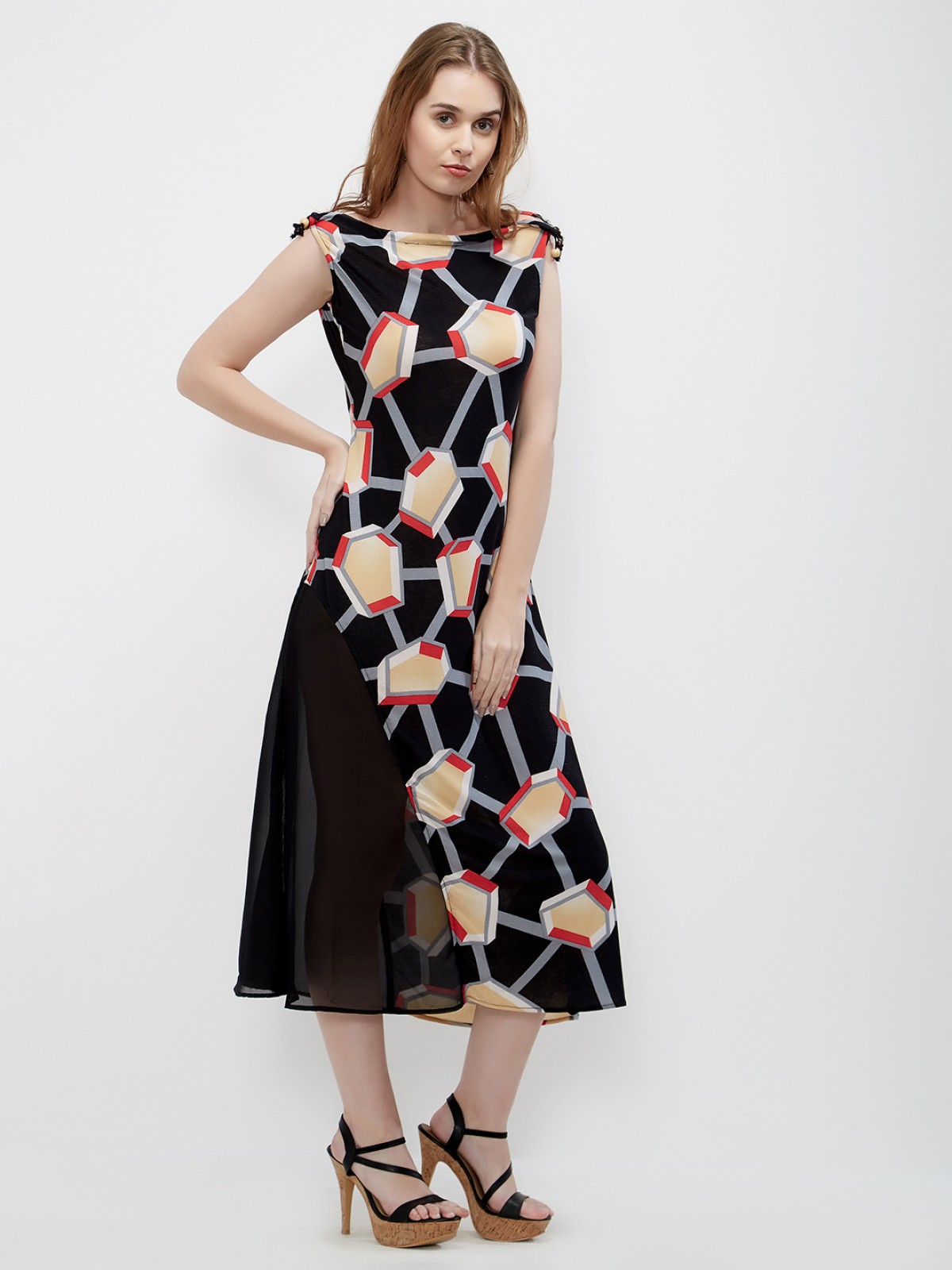 Black Abstract Printed Onepiece Long Sleeveless Poly-Lycra Dress