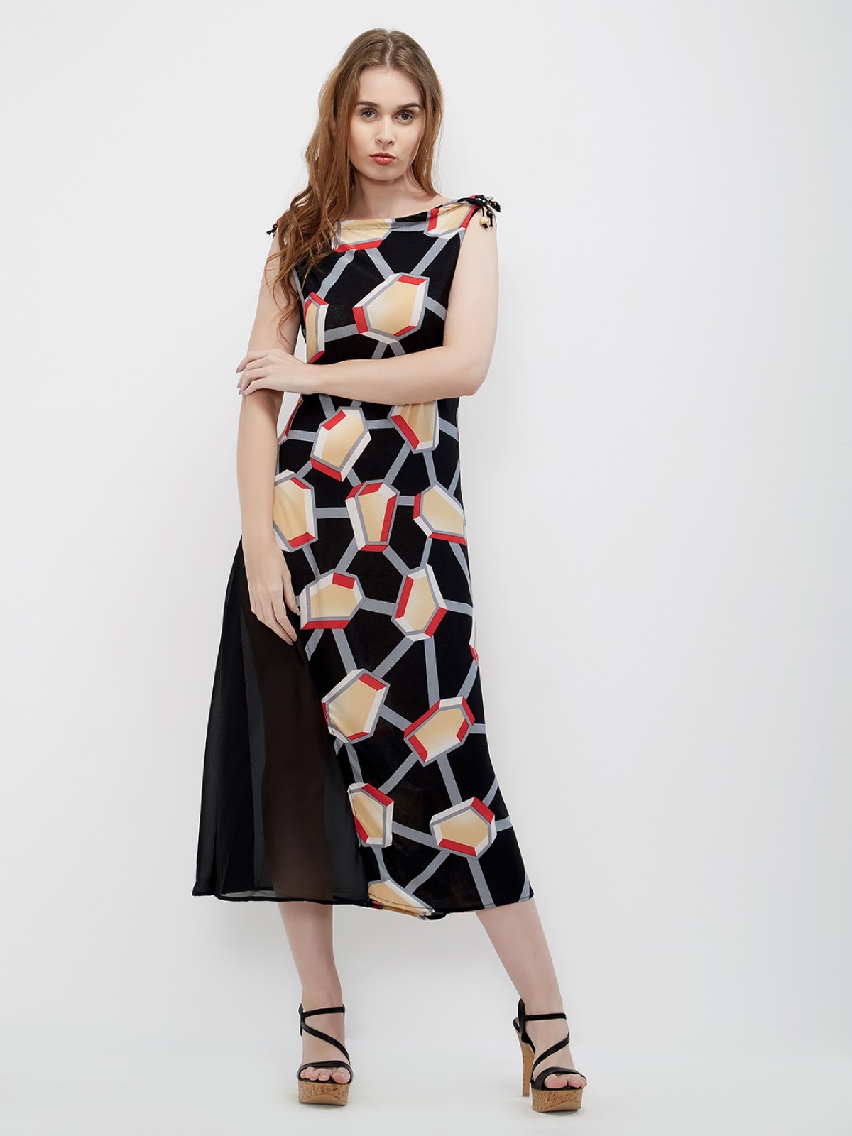 Black Abstract Printed Onepiece Long Sleeveless Poly-Lycra Dress