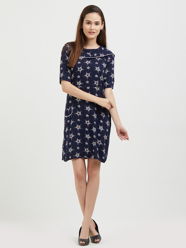 Blue Star Printed Boat Neck Flap Midi Dress