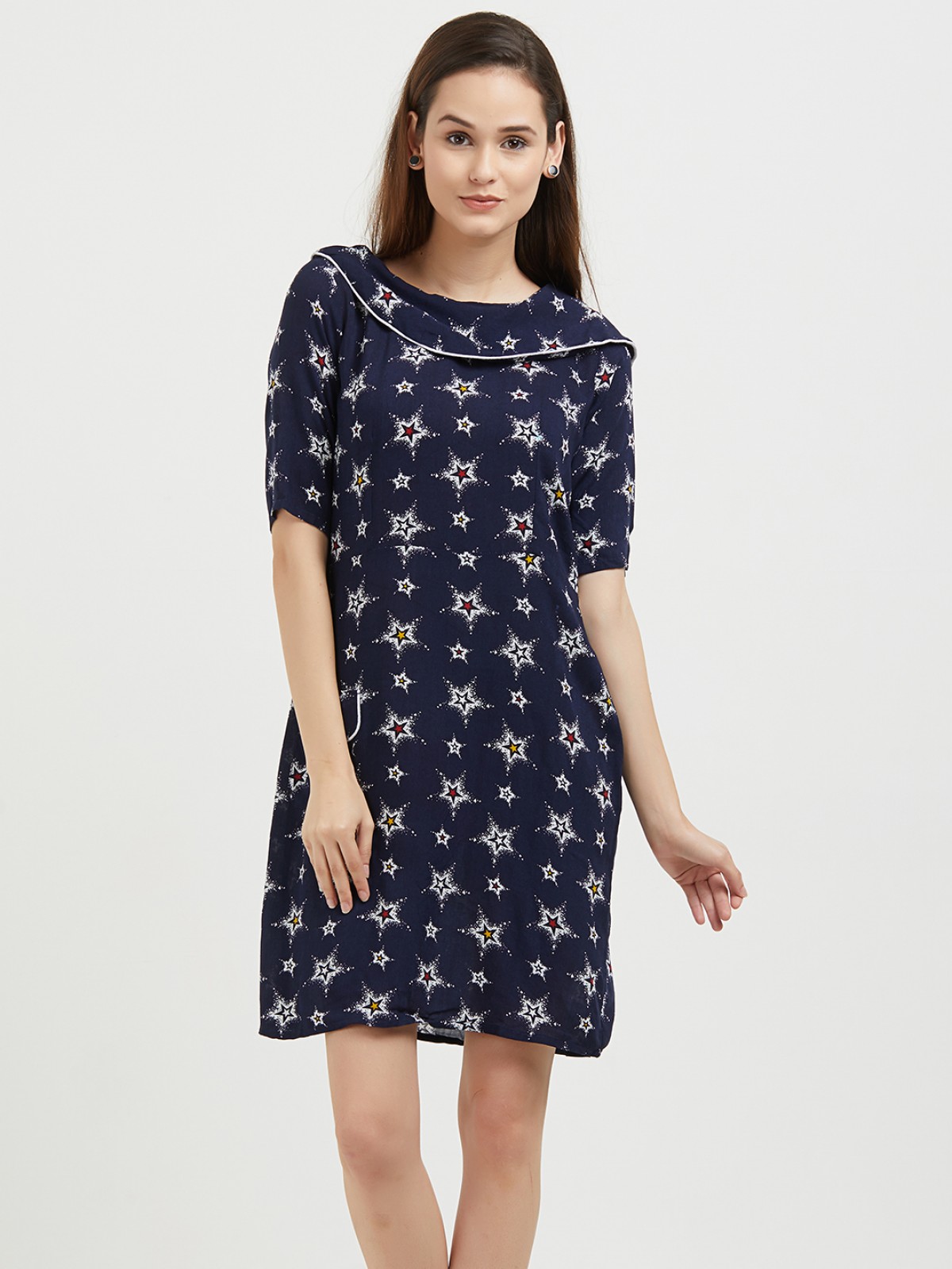 Blue Star Printed Boat Neck Flap Midi Dress