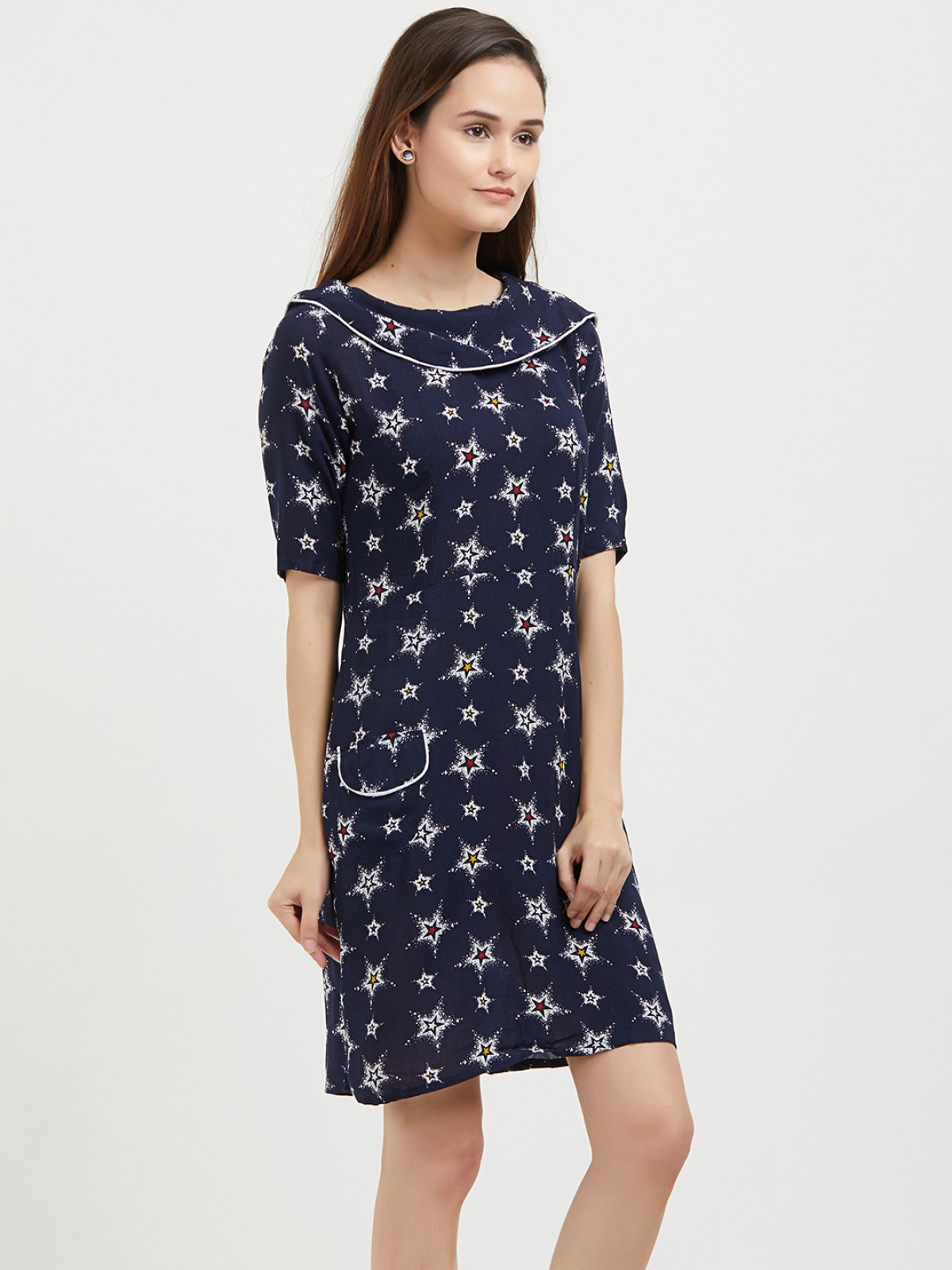 Blue Star Printed Boat Neck Flap Midi Dress