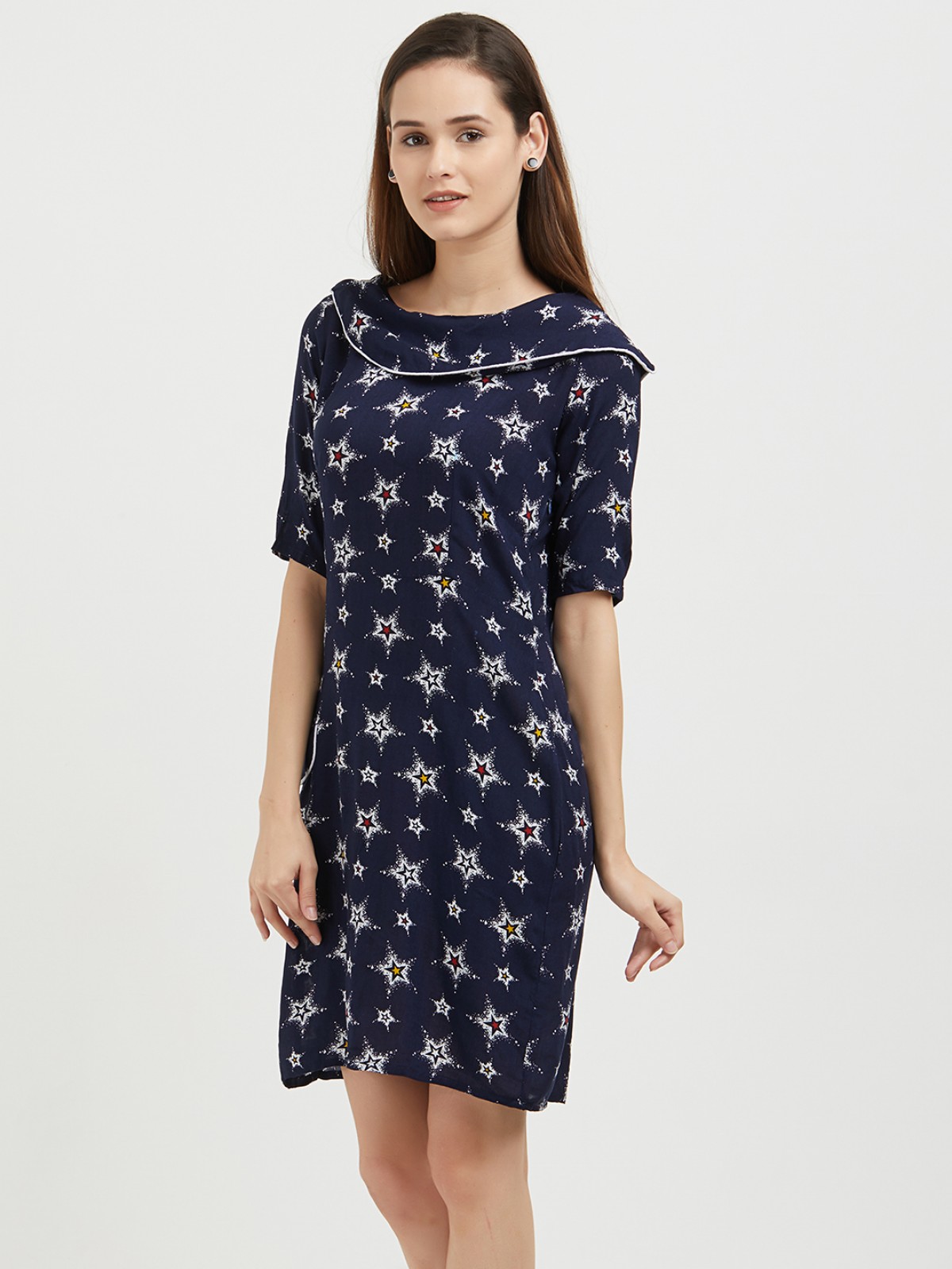 Blue Star Printed Boat Neck Flap Midi Dress