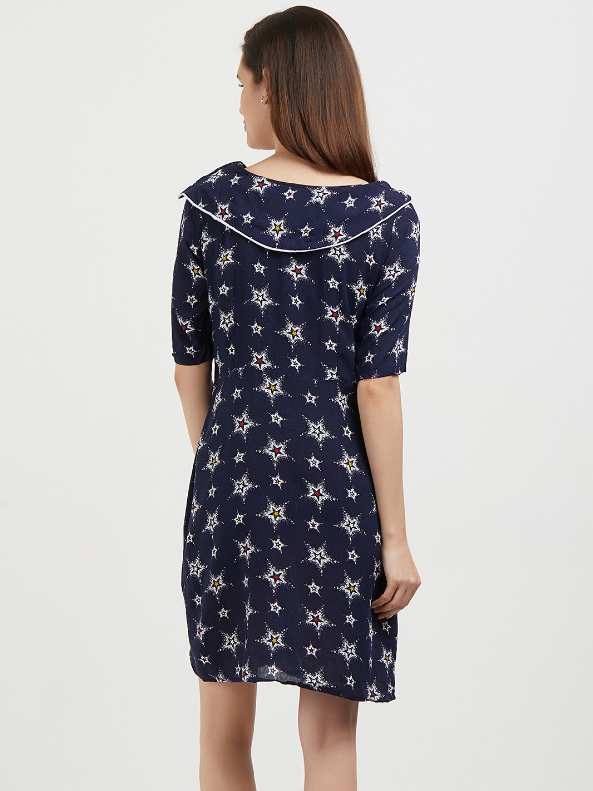 Blue Star Printed Boat Neck Flap Midi Dress